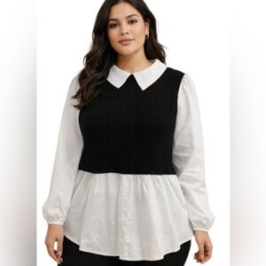 Curvzy Blusa 3XL Blanco Negro Cuello Peter Pan Nueva